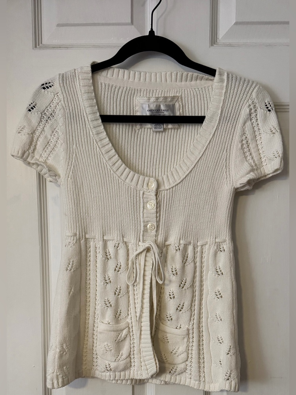 Vintage Y2K American Eagle Cream Pointelle Knit Tie Waist Short Sleeve Sweater S
